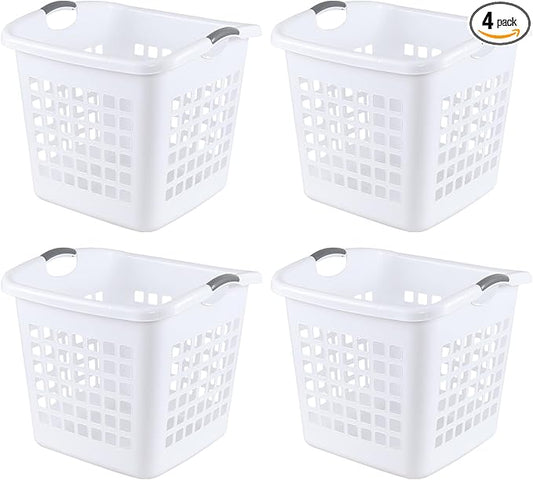2 Bushel Square Tall Plastic Laundry Basket, 72 L Large Plastic Hamper with Carry Handle, White, 4 Pack