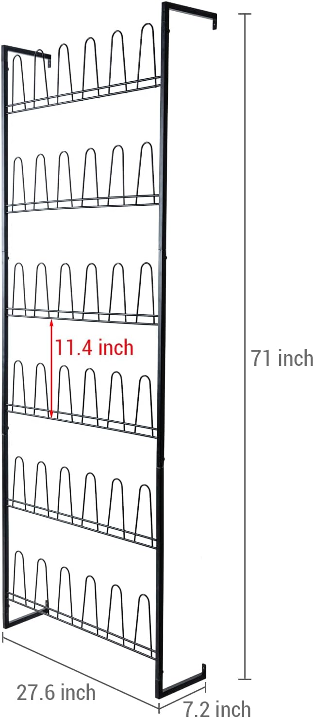 MyGift 70 Inch Black Metal Wall Mounted Shoe Rack for efficient vertical storage, shoe storage for Closet with 36 Hooks, Holds up to 18 Pair for Entryway