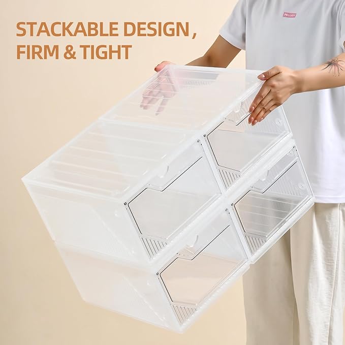 Foldable Shoe Organizer,Shoe Storage Organizer,10 Pack Shoe Box Clear Plastic Stackable,Drop Front Shoe Box with magnetic Door, Containers For Sneaker,Fit up to US Size 15 (X-Large 6pack)