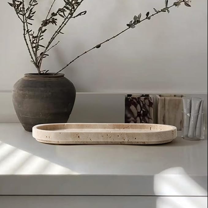 Natural Travertine Oval - 10x5 Inch Bathroom and Vanity Marble Small Tray for Soap Bottle, Perfume, Aromatherapy and Jewelry Accessories - Countertop Tray with Non-Slip Raised Base
