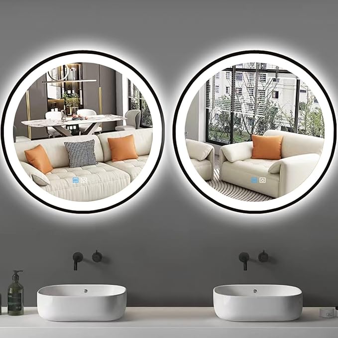 30 Inch Black Round Vanity Mirror with Lights - Black Frame LED Round Mirror for Bathroom - Anti Fog with 3 Color Changing Lights