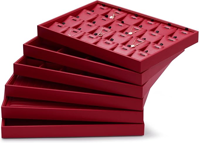 Red Leather Jewelry Tray Stackable Jewelry Display Tray Jewelry Drawer Organizer Tray Necklace Bracelet Tray for Necklace Bracelet Ring Watch Display Storage (Red)