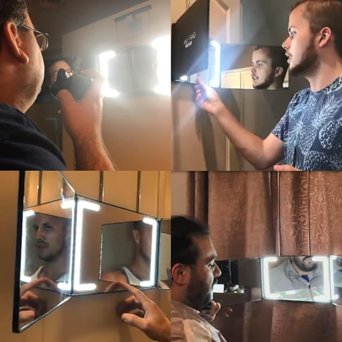 Self Find-3 Way Mirror for Self Hair Cutting with Ring Light,Rechargeable 360 Mirror for Hair Tools,Light and Height Adjustable