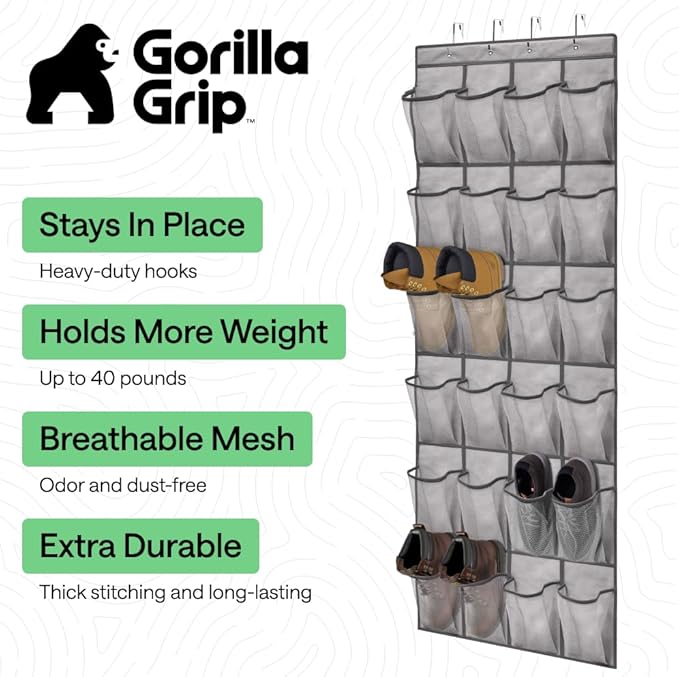 GORILLA GRIP Over the Door Shoe Organizer, 24 Extra Large Breathable Mesh Pockets, Space Saving Hanging Storage Holder, 4 Hook Closet Rack Hanger, Hangs on Closets for Shoes and Accessories, Gray