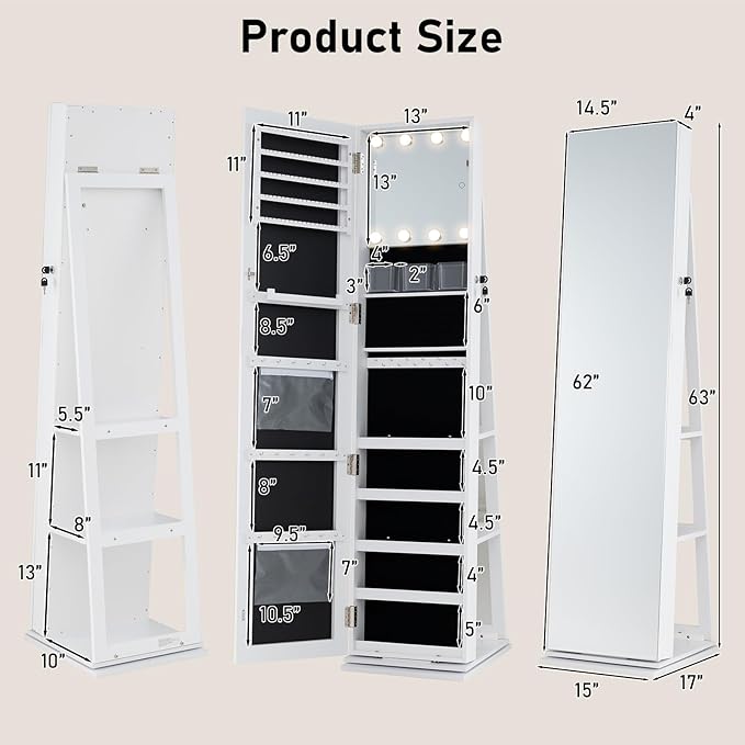 CHARMAID Swivel Jewelry Armoire with Full-Length Mirror & Lighted Makeup Mirror, 360° Rotating Jewelry Cabinet Organizer for Earrings, Rings, Necklaces, Bracelets, Back Storage Shelves (White)