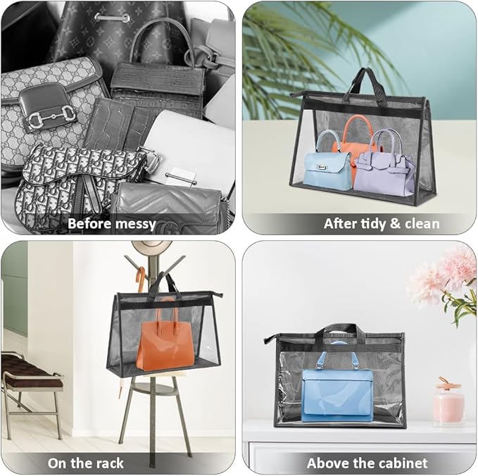 15 PCS Dust Bags for Handbags,Purse Protector Storage Bag,Purse Cover Hanging Closet Organizer with Zipper Handle,Clear Handbag Storage Organizer for Closet,3 Assorted Sizes(Gray)