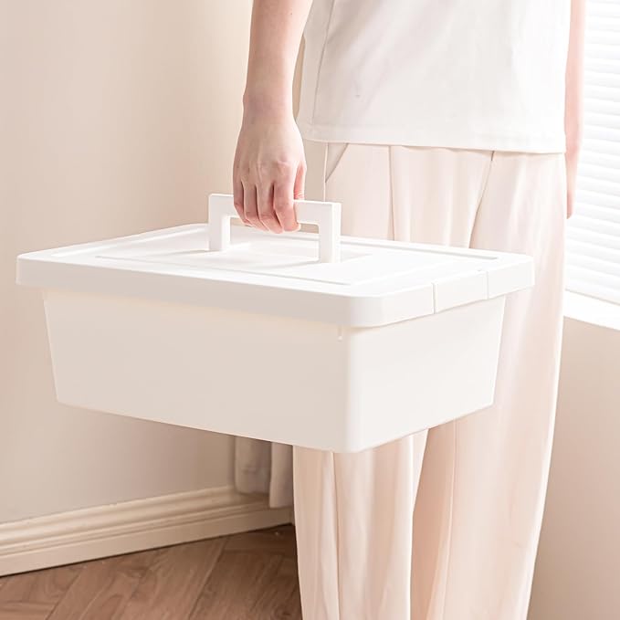 YUNGSHY White Plastic Multipurpose Portable Storage Container Bins Handled Organizer Storage Box with lids Storage Containers and Durable Nestable Closet, Garage, Totes (white, 15Qt. -2Pack)