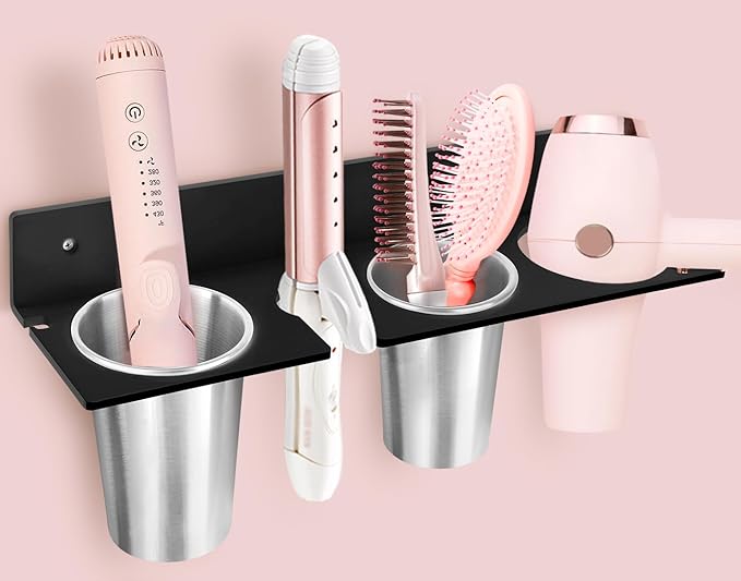 Hair Tool Organizer, Hair Dryer Holder with Heatproof Steel Cups, Acrylic Vanity Organizer for Curling Iron, Flat Iron & Hair Brushes, Perfect for Bathroom (Black, Oversized)