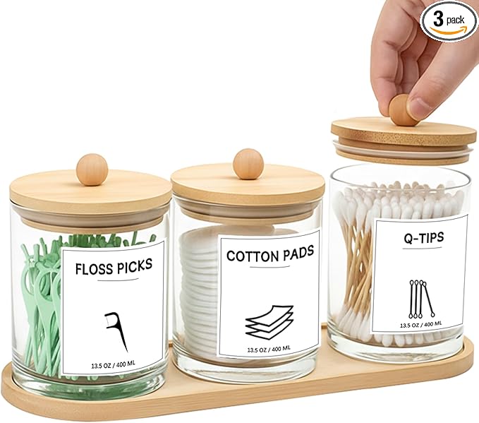 3 PCS Qtip Holder for Bathroom, Cotton Ball Holder with Tray, Bathroom Organizers and Storage, Bathroom Jars for Floss Picks, Cotton Swabs, Balls, Pads(Clear)