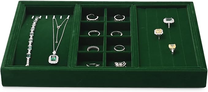 4 In 1 Velvet Jewelry Trays Jewelry Drawer Organizer Tray Stackable Jewelry Trays Necklace Bracelet Ring Earring Organizer Tray(Green)