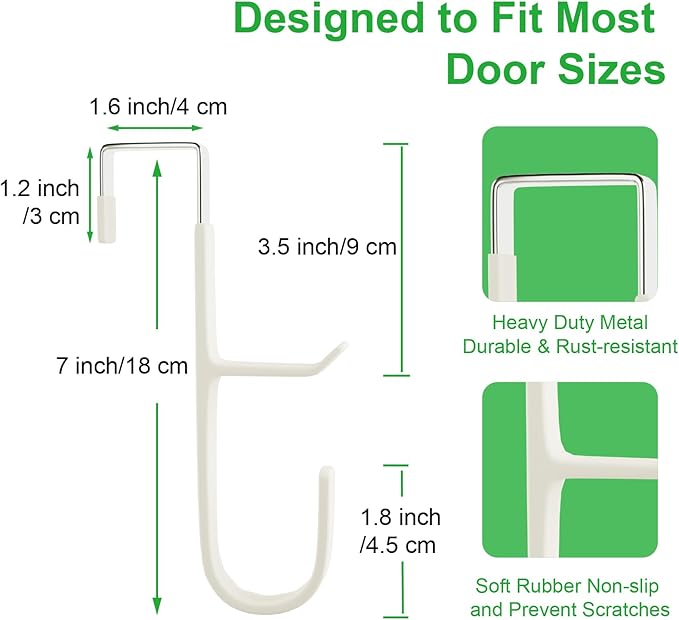 2 Pack Over The Door Hooks(L=7"), Over Door Hanger, Heavy Duty No Drill Hanger for Towels, Coats, Hats, Bags in Bathroom, Bedroom, Kitchen, Living Room-White