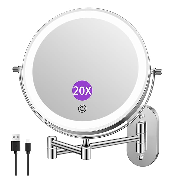 FUNTOUCH 2500mAh Rechargeable Wall Mounted Lighted Makeup Vanity Mirror 8 Inch Double Sided 1X 20X Magnifying Bathroom Mirror, 3 Color Lighting, Touch Dimming, Extended Arm 360° Light up Mirror
