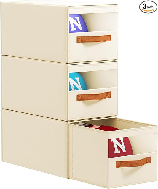 Hat Organizer for Baseball Caps - 3 Pack Pull-Out Drawer Hat Storage Organizer Box with Clear Window, Stackable Closet Cap Holder, Baseball Cap Organizer for Closet, Bedroom, Home, Beige