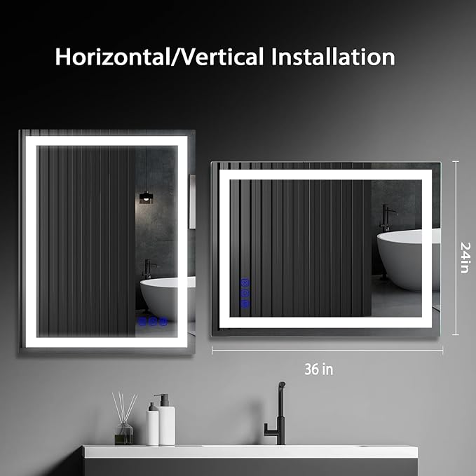 24"x36" LED Bathroom Mirror – Front Lighted Vanity Makeup Mirror, 3-Color Stepless Dimmable, Anti-Fog, CRI 95+, Memory Function, Large Smart Mirror for Wall