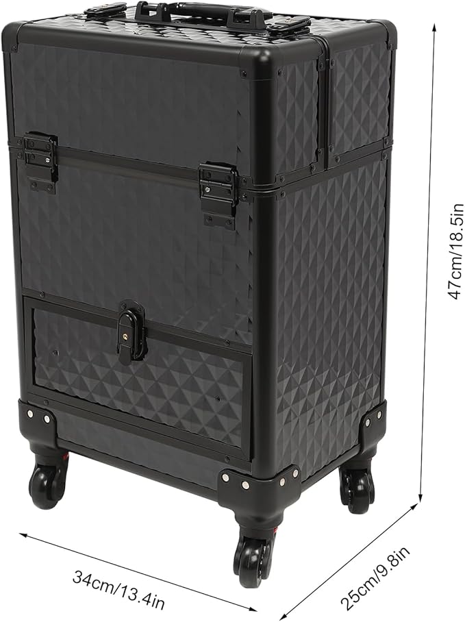 Professional Rolling Makeup Case Pro Makeup Artist Cosmetic Train Case Hairstylist Travel Case Portable Make Up Station with Lockable Drawer & 4 Swivel Wheels - Black