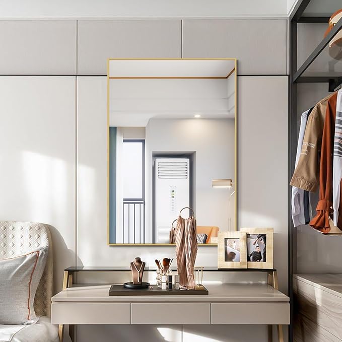 Koonmi Gold Mirrors for Wall, 24x36 Inch Bathroom Mirror, Rectangular Wall Mirror for Living Room Bedroom Bathroom, Hangs Horizontally or Vertically