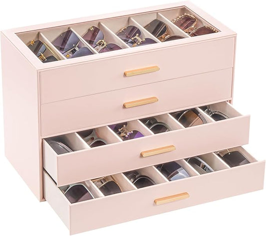 Lolalet Beige Sunglasses Storage Box for Women, Eyewear Eye Glass Organizer with Clear Top Lid Display Holder Case