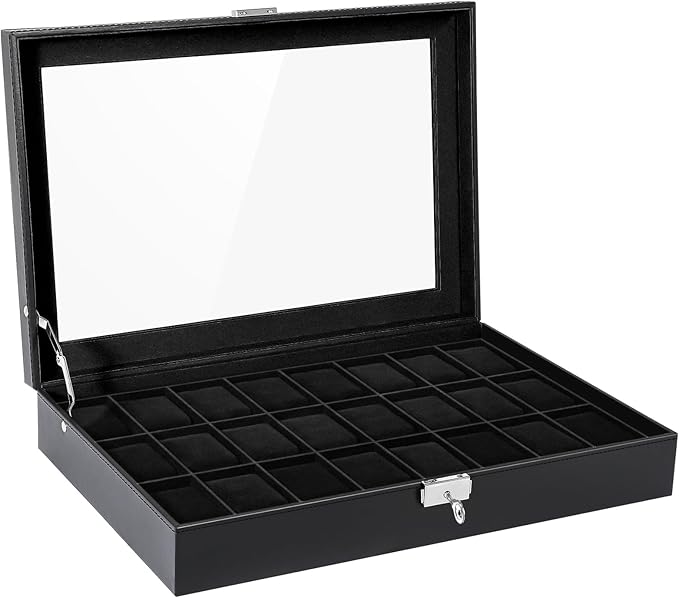 Uten 24-Slot Watch Box, PU Leather Watch Case with Glass Lid, Watch Holder Organizer with Soft Pillow and Velvet Lining, Watch and Jewelry Storage Box