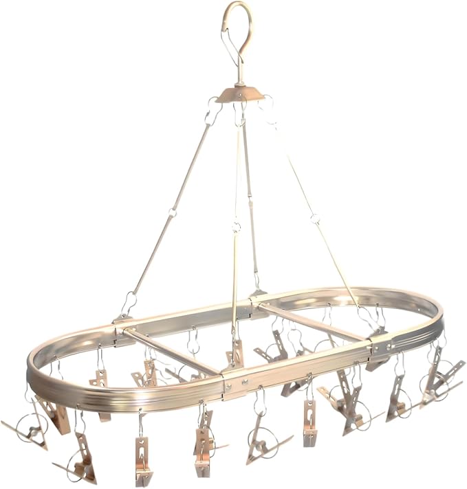 Sock Drying Rack with 26 Clips - Aluminum Hanging Drying Rack for Underwear, Baby Clothes & Delicates | Wind-Resistant Hook & Oval Design (Champagne Gold)