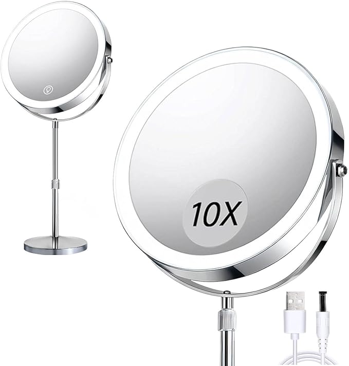 Rechargeable LED Makeup Mirror with Lights, 10X Magnifying Mirror, Touch Control 3 Color Modes, 360° Rotation & Height Adjustable Make Up Mirror with Lights