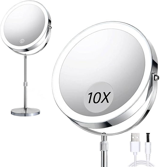 Rechargeable LED Makeup Mirror with Lights, 10X Magnifying Mirror, Touch Control 3 Color Modes, 360° Rotation & Height Adjustable Make Up Mirror with Lights