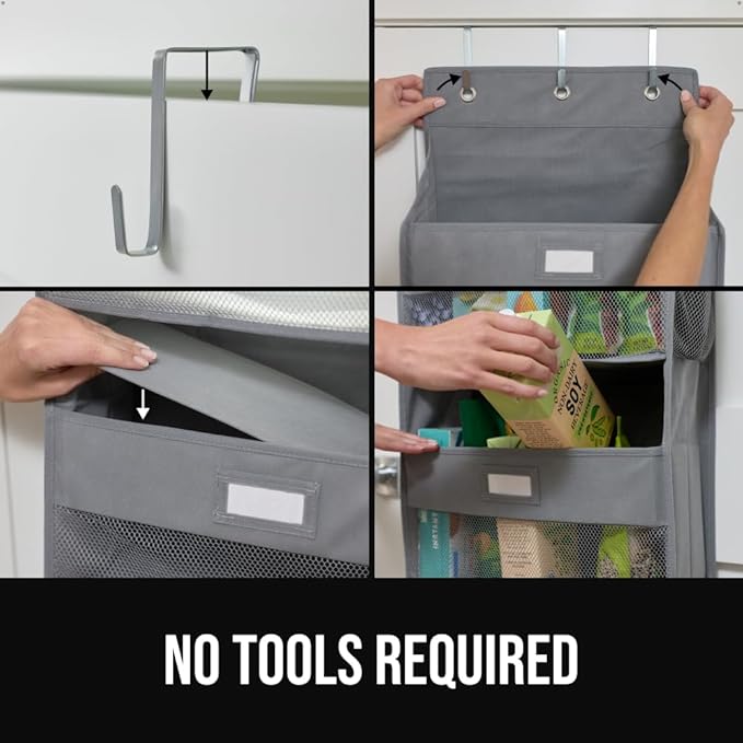 GORILLA GRIP Over The Door Organizer Storage, 5 Deep Hanging Shelves, Holds 50lbs, Closet Organizers Shelf for Bedroom, Bathroom, Nursery, Dorm Essentials, 3 Metal Hooks, 58x15 Inches, Grey