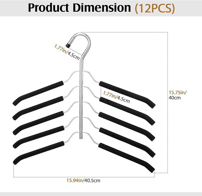 Ripeng 12 Pcs Multi Layer Clothes Hangers 5 in 1 Sweater Shirt Hanger for Shirts Space Saving Anti Slip Metal Heavy Duty Stainless Steel Blouse Tree Hangers for Closet Organizer and Storage, Black