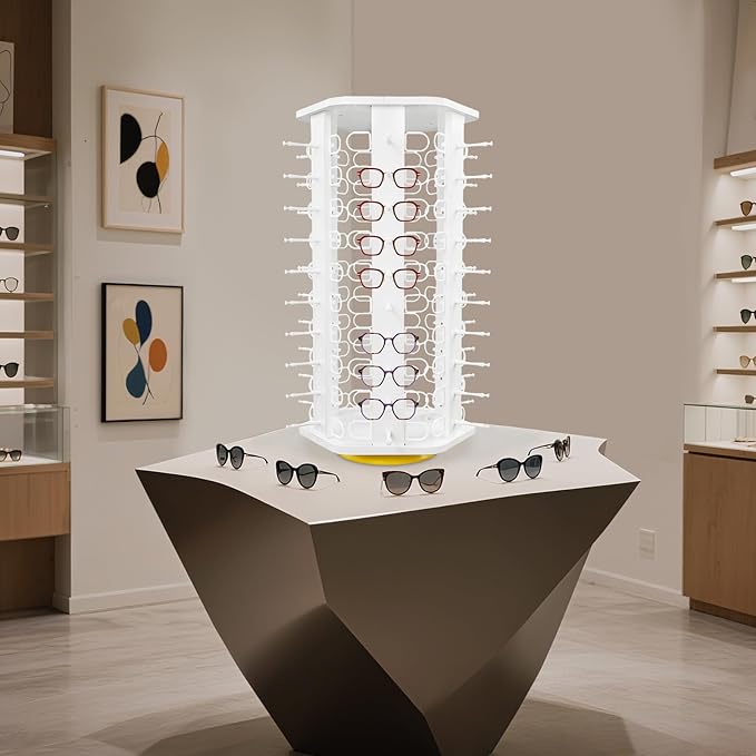 60 Pairs Glasses Rack, 360° Rotating Sunglasses Display Rack, 6-Sided Eyeglasses Storage Organizer, Eyewear Holder, Commercial Sunglasses Display Stand, White