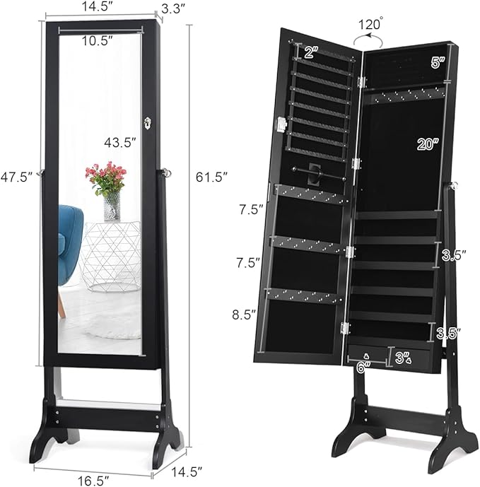 Giantex Lockable Standing Jewelry Armoire with Full Length Mirror, Large Storage Capacity Jewelry Cabinet Organizer with 2 Drawers, 4 Angle Adjustable, Extra Wide Mirror for Women Girls (Black)