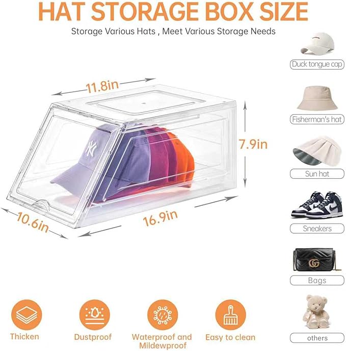 4 Pack Hat Organizer for Baseball Caps,Large Clear Cap Organizer with Drawer,Hats Holder Box for Closet with Sliding Tray,Stackable Hat Rack Display Case,Multi-use Hat Case for Caps,Each Holds 12 Hats