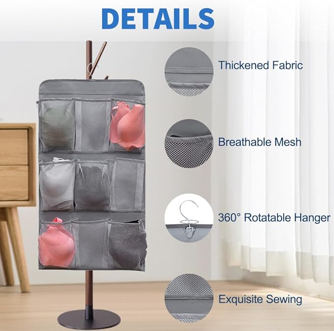 2 Pcs Closet Organizer Dual Sided Hanging Shoe Storage Bag Underwear Socks Holder with 18 Pockets (MESH POCKETS)
