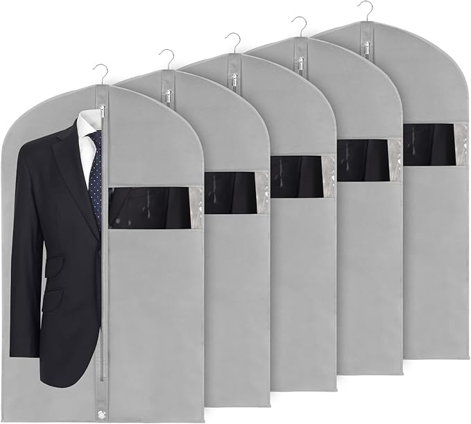Syeeiex 40" Suit Bag, Set of 5 Garment Bag, Garment Bags for Hanging Clothes, Suit Bags for Closet Storage, Waterproof and Dustproof, Best for Suits, Shirts, T-shirts and Jackets on Closet(Grey)