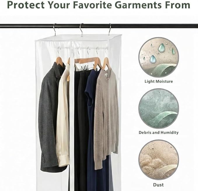 Garment Bag - Clear Hanging Closet Organizer - Durable Zippered Cover with Rod Protects Dresses, Suits, and Jackets from Dust and Moist- Top Metal Frame to Keep All Your Stuff in Shape- 60" x 20" x 15