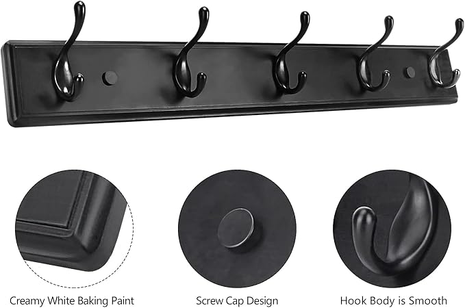 Wooden Coat Rack, Wall-Mounted Organizer for Closet, Entryway, Hallway, Foyer, Bedroom, Heavy Duty Double Hooks for Hanging Towels, Bags, Hats, Jackets, Key (Black, 5 Hooks)
