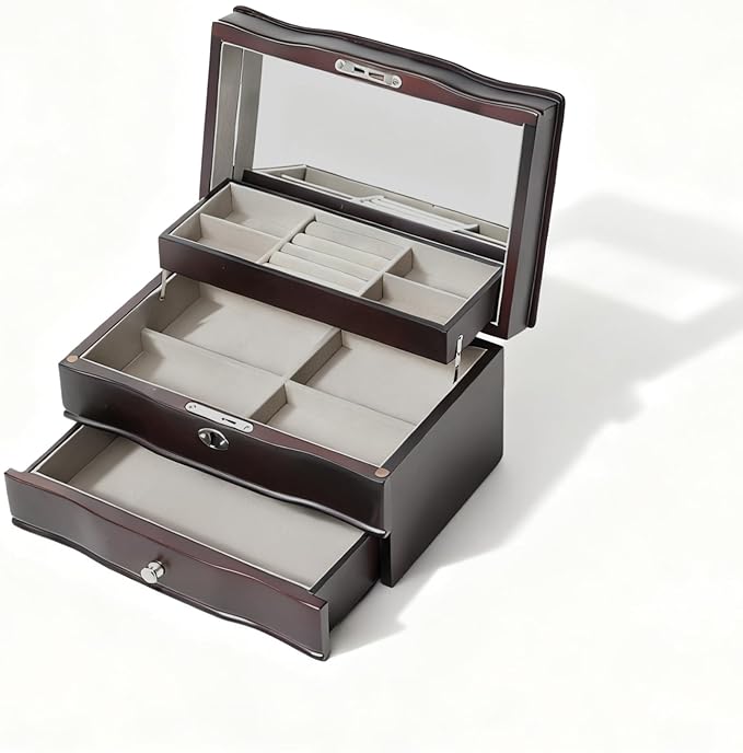 Brown jewelry box,watch cases for men with large Window,3-Tier Storage Organizer And Velvet Lining,jewelry organizers and storage for watches,Tie Pins, Rings