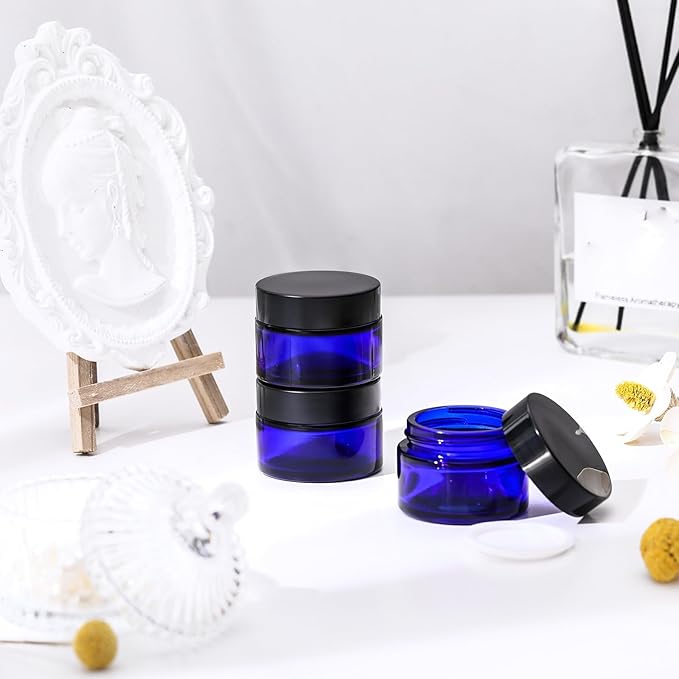Domensi 60 Pcs 1oz Glass Jars with Lids Bulk Salve Tins Winter Cream Container Small Glass Candle Cosmetic Jars for Travel Lip Balm with Inner Liners for Lotion Sample Cream(Cobalt Blue, Black Lid)