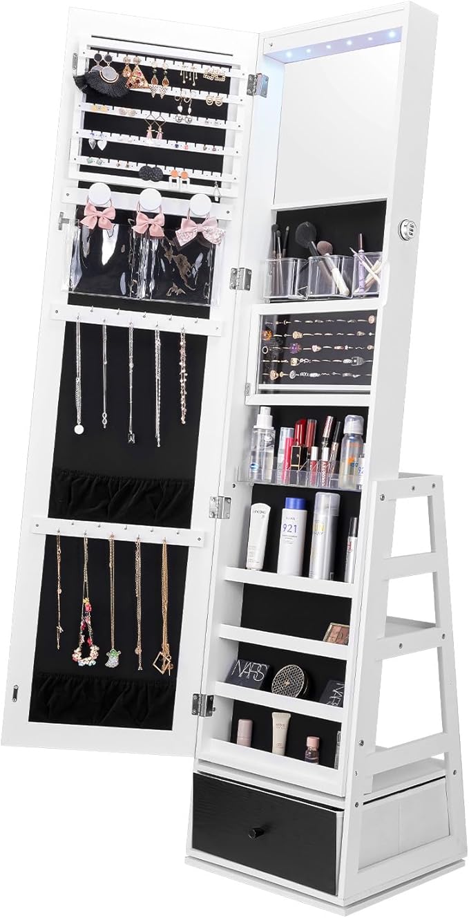 VEVOR 360° Swivel Jewelry Cabinet Armoire, 63-Inch Tall Lockable Jewelry Organizer with Full-Length Mirror, LED Light, Velvet Lining, Drawer, Freestanding, White