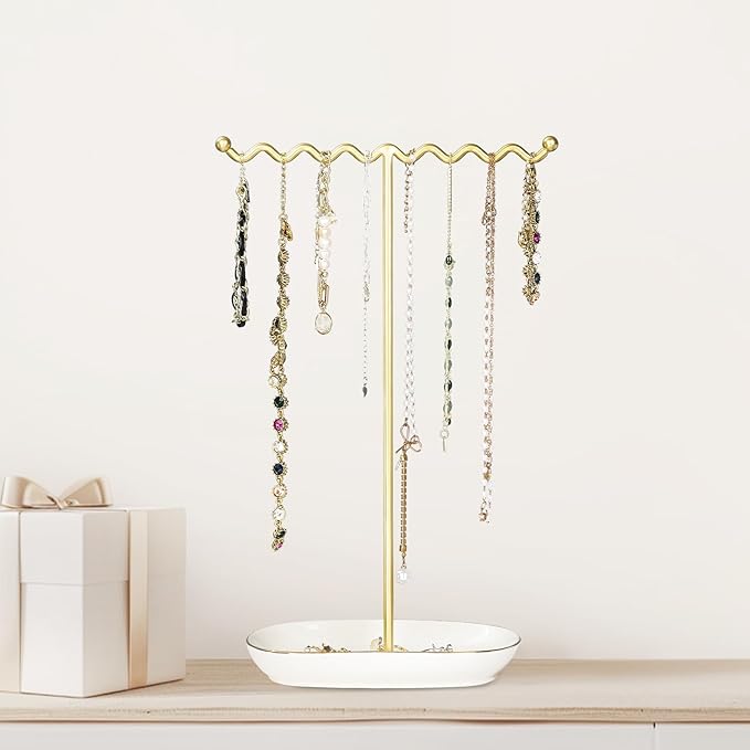 Elegant Jewelry Holder Tree Stand with Ceramic Tray - Metal Necklace Holder Organizer for Rings Bracelets Earrings - Tangle Free, Rustproof Decorative Display for Vanity Dresser Deluxe White