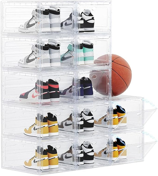 12 PACK Large Shoe Storage Boxes, Shoe Boxes Clear Plastic Stackable, Shoe Organizer for Size 12 (Clear 12 Pack)