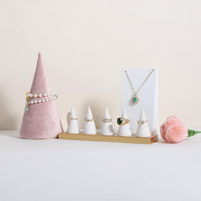 GemeShou Jewelry ring display holder for selling, velvet ring cone display stand, cute cone shaped ring holder with golden coated base,Large jewelry ring storage organizer【Ring holder-white 5 cone】