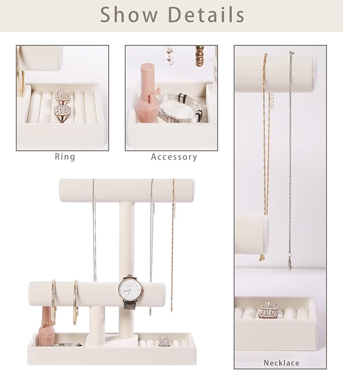 ByKen Multi-Functional 2 Tier Jewelry Holder,Necklace Bracelet Holder with Earrings Rings Tray,Jewelry Organizer Stand for Scrunchie Watches(Beige Velvet)