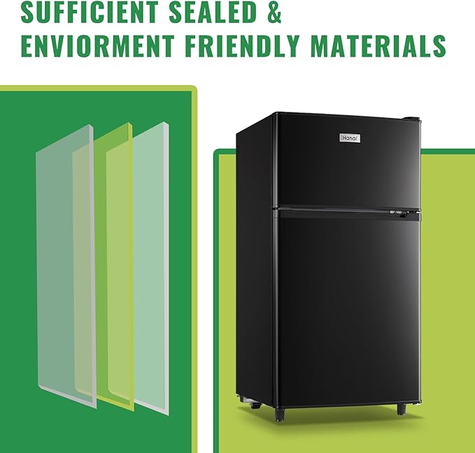 WANAI Mini Fridge with Freezer Two Doors Small Refrigerator with 7 Setting Adjustable Thermostat Crisper Drawer & Removable Shelves Extra Drink Space Low Noise Freezer-on-Top Refrigerator, Black