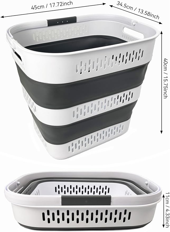 SAMMART 40L (10.5 Gallon) Collapsible Plastic Laundry Basket - Foldable Pop-Up Storage Container/Organizer – Portable Space Saving Laundry Hamper (1, White/Steel Grey)