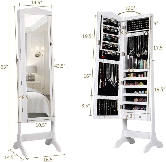 Giantex Jewelry Armoire Organizer with Full Length Mirror, 14 LEDs Floor Standing Jewelry Cabinet with 2 Drawers, 4 Adjustable Angles, Lockable Jewelry Storage Box Cabinet (White)
