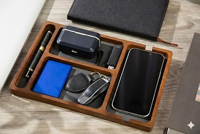 Shinpuru Wooden Valet Tray with Leather Inlay - Nightstand & Desk Organizer - EDC Essentials Catchall Tray for Keys, Phone, Wallet, Watch, Earbuds - Stylish Storage (Wood-Pen)