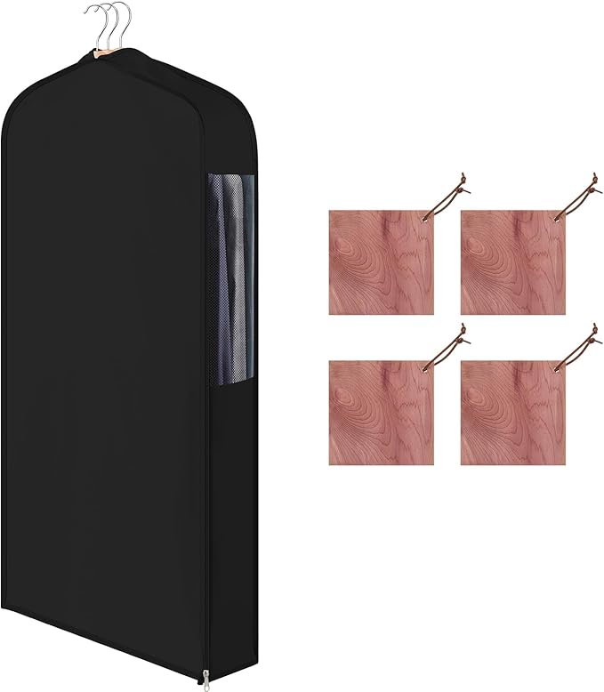 Cotton Garment Bag for Hanging Clothes and Storage with Cedar Blocks for Fresh Smell and Moth Protection Sandpaper for Suit Fur Coat Jacket Sweater(40 x 24 x 6 Inch,Black,1 Set)