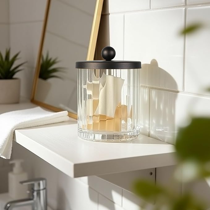 Amolliar Apothecary Jars Bathroom Vanity Storage Organizer Set, Countertop Canister with Stainless Steel Lid & Cute Stickers, Qtip Holder Dispenser for Cotton Swabs, Balls, Makeup Pads(Bronze, 2 Pack)