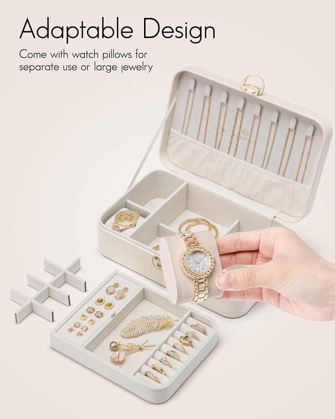 Vlando 2 Layer Jewelry Box,Jewelry Organizer Storage Lockable Earring Organizer Removable Jewelry Tray with Watch Pillow for Neckable Ring Bracelets-Cream White
