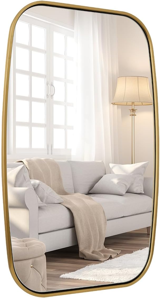 ANDY STAR Brushed Gold Oval Bathroom Mirror, 24x40 Inch Brass Oblong Mirrors for Wall, Modern Vanity Mirror in Stainless Steel Metal Tube Frame, Wall Mount Horizontal or Vertical