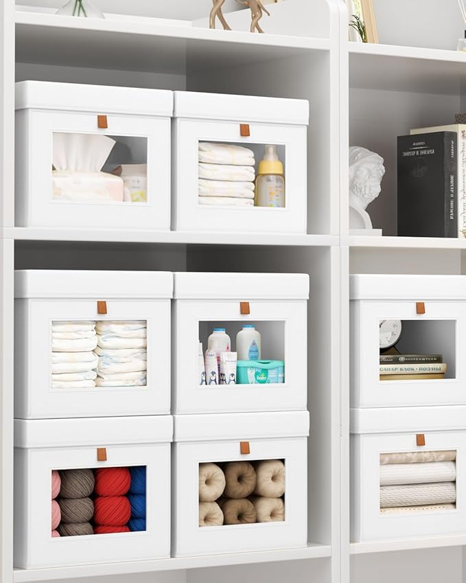 Storage Bins with Lid – Closet Organizer with Side Opening and Clear Window, Foldable Stackable Fabric Basket for Clothes, Home, Office - 13.77" x 11.8" x 9.8", 5 Pack, White